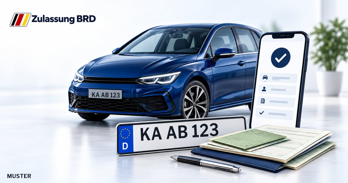 Online Fahrzeugzulassung in Linkenheim-Hochstetten: Musterkennzeichen KA AB 123, Auto und Fahrzeugpapiere und Smartphone. Illustration mit Logo von Zulassung BRD.